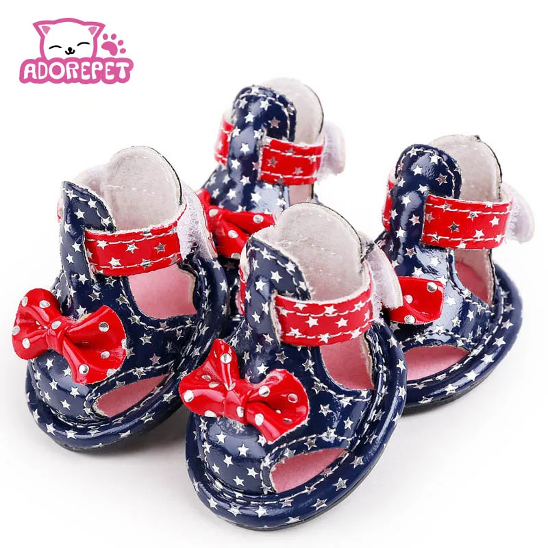 Fashion Bowknot Four sets small Pet cat Dog Shoes Waterproof pu leather