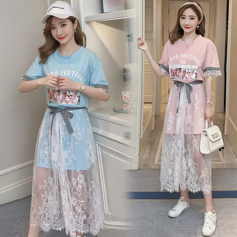 

2019 summer suit tide hot mom out breastfeeding dress new Korean fashion printing lace two-piece suit