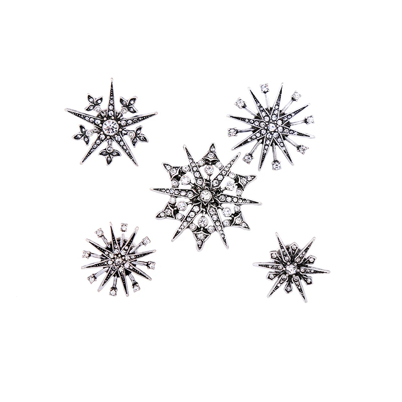 

Wholesale Trendy Crystal Vintage Brooch Pins Accessories 5 Pcs/Set Antique Silver Color Fashion Snowflake Brooch for Women