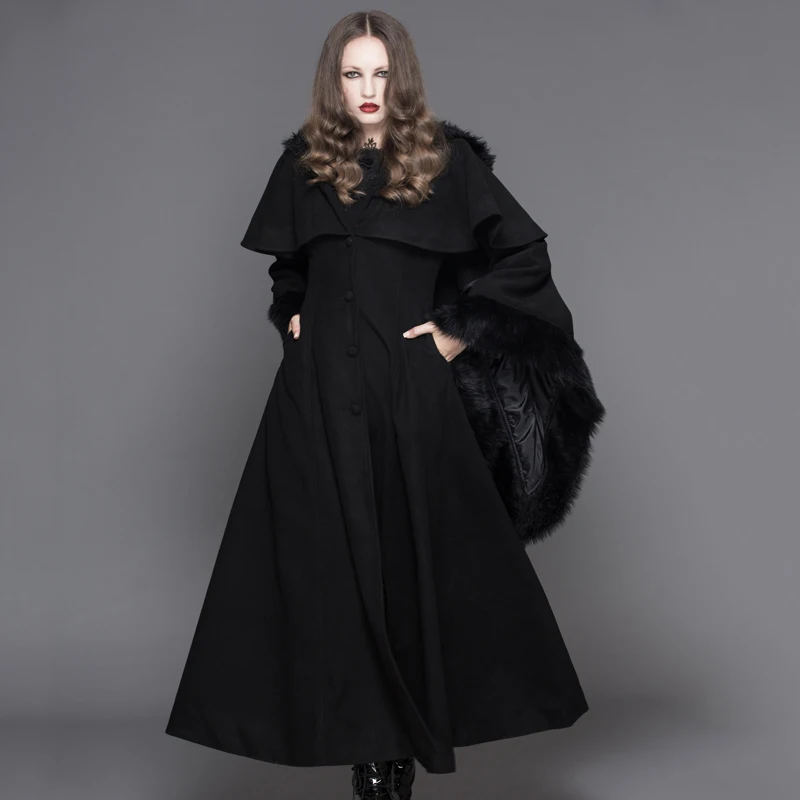 Duivel Mode Punk Winter Fleece Hooded Cape Overjassen Gothic Zwart Rood Vrouwen Massaal Trenchcoats met Bontmuts en Manchetten Duivel Mode Punk Winter Fleece Hooded Cape Overjassen Gothic Zwart Rood Vrouwen Massaal Trenchcoats met Bontmuts en Manchetten