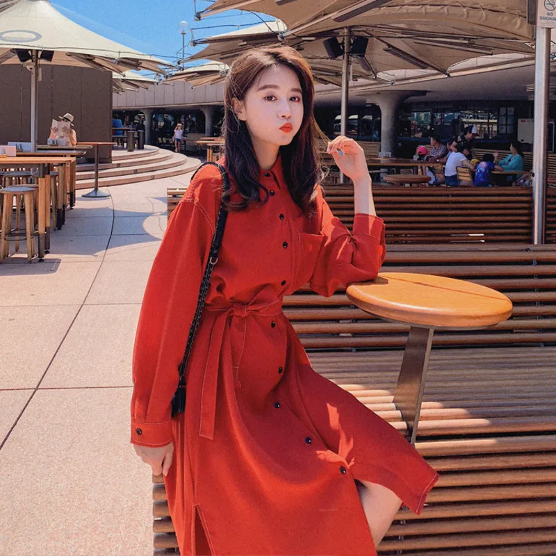 

LANMREM 2019 New Fashion Turn Down Collar Vent Hemline Dress Female's Long Sleeve Loose Large Size Shirt Dress Vestido YG51903