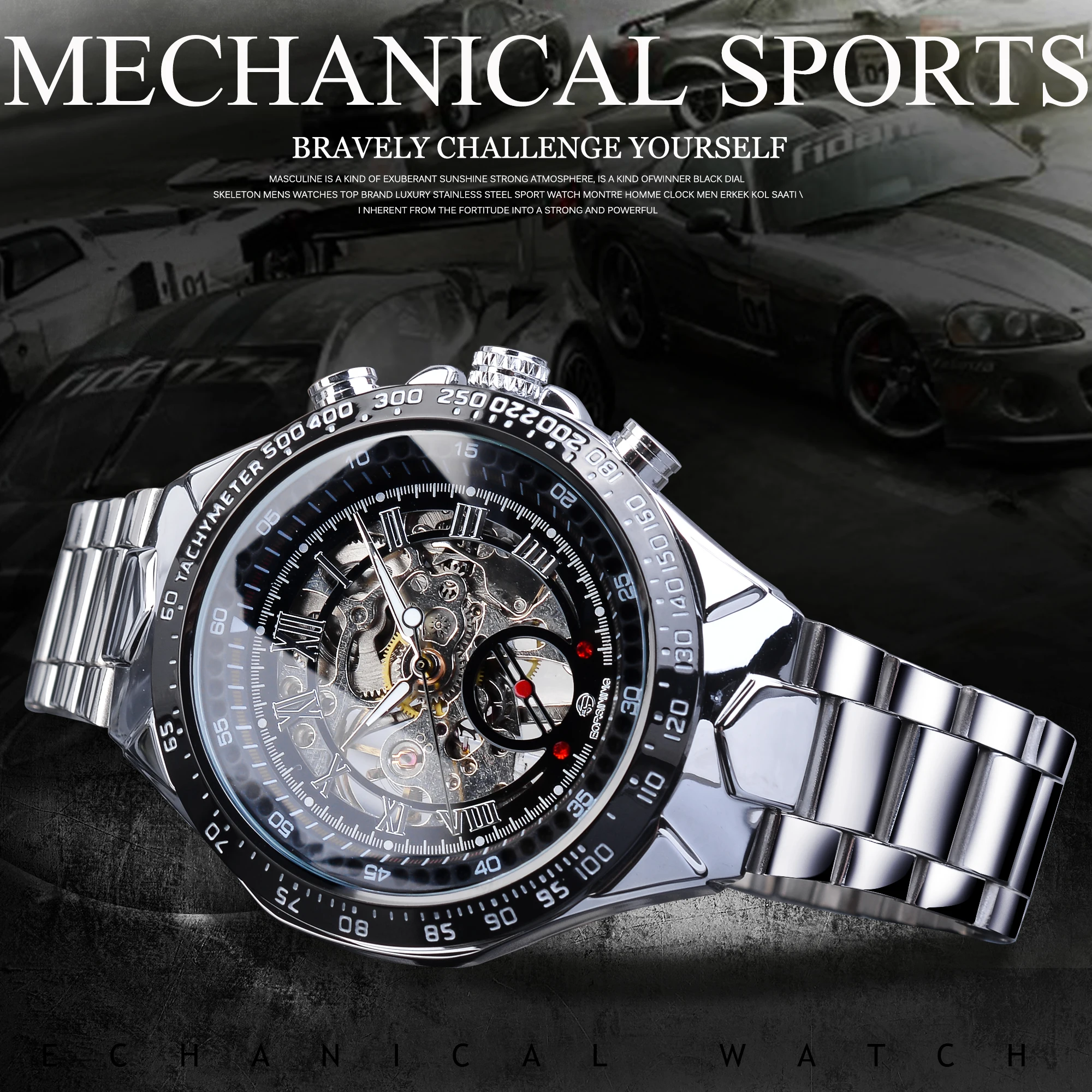 Transparent Case Open Work Silver Stainless Steel Mechanical Skeleton Sport Wrist Watch Men Forsining