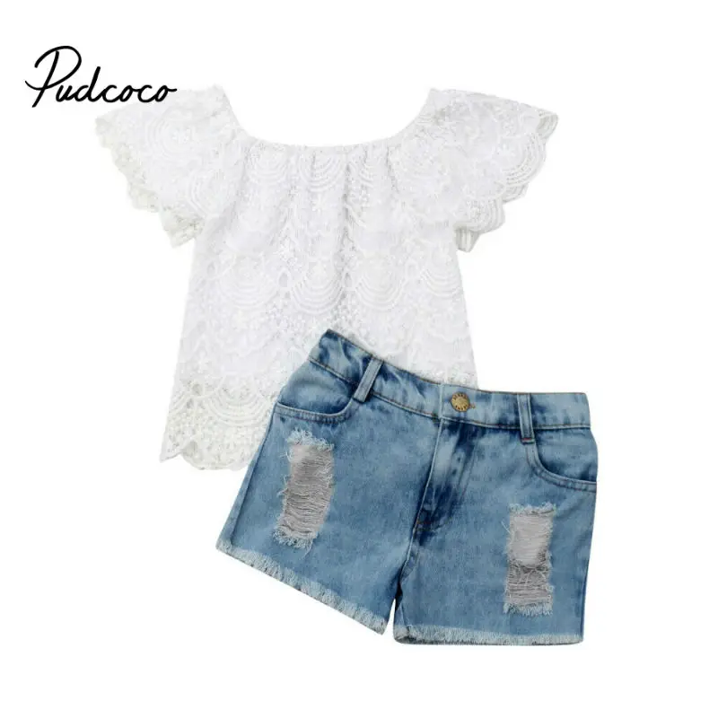 

pudcoco 2019 Fashion Toddler Kids Baby Girls Clothing Double layer Lace Short Sleeve Tops +Denim Shorts 2Pcs Sets Clothes 1-6Y