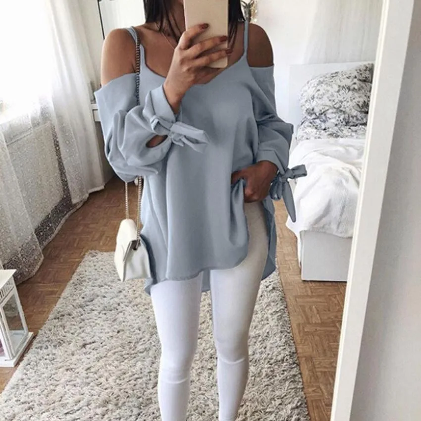 

Feitong Women Summer Long Sleeve T-Shirt Casual Off Shoulder Spaghetti Strap Loose Top Women Solid Loose Lace Up Top Tees