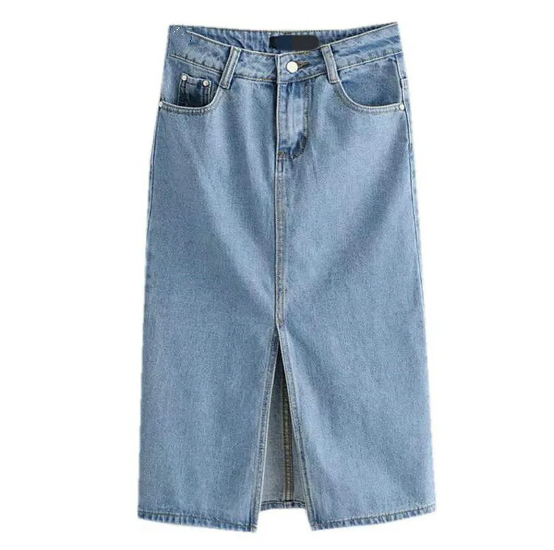 Для женщин Для женщин высокая джинсовая юбка Разделение джинсы Midi Юбки светло-синие джинсовые юбки
