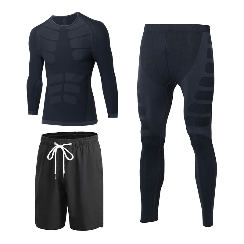 

YEL 3Piece Men's Compression Running Suit Clothes Sports Set Shirt Pant And Short Basket Football Trainning Tracksuits Men Gym
