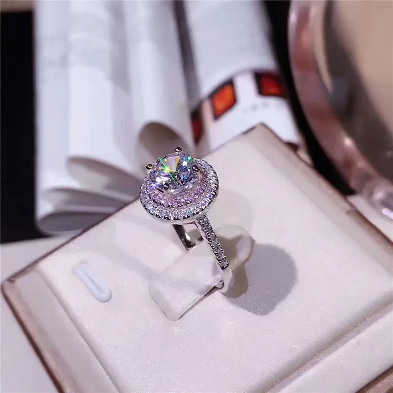 Фирменное ювелирное изделие, 925 пробы Серебряное кольцо с круглой огранкой, 2 карата, розовый бриллиант, 2 объемных ПАВЕ, установка cz, обручальное кольцо, кольца для женщин, Sz 4-9
