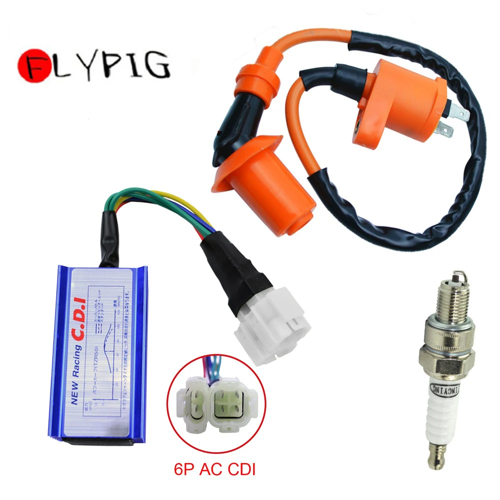 

FLYPIG High Performance Racing 6 Pins AC CDI + Ignition Coil + A7TC Spark Plug for GY6 50cc 70cc 90cc 125cc 150cc Scooter engine