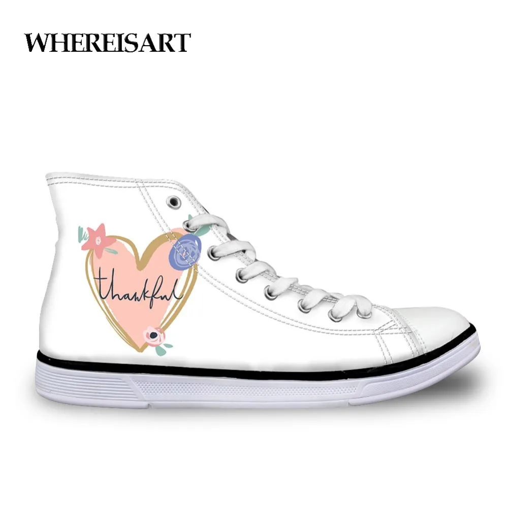 

WHEREISART Heart Solid Color White Women's Casual Shoes Vulcanized Sneakers Women High Top Canvas Flats Shoe Lace Up Footwear