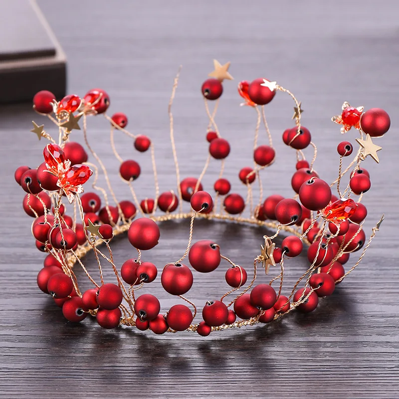 

Traditional Red Rhinestone Crown Women Golden Alloy Tiaras Headwear Cocktail Party Wedding Bride Hair Jewelry Accessories