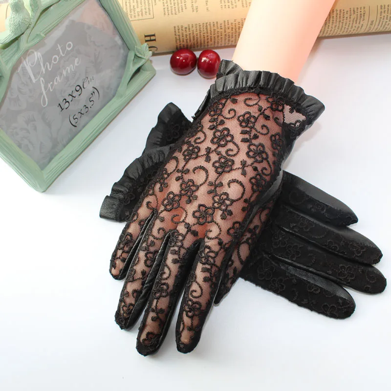 2017 Summer Genuine Sheep Leather Gloves for Women Sunscreen Lace Gloves Ladies Anti UV Anti-slip Driving Gloves Female Mittens