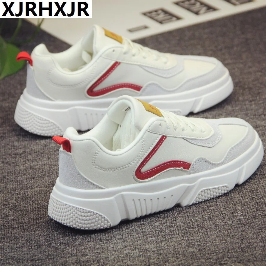

White Shoe Female 2019 New Spring Korea Version Flat Bottom Leather Lace Up Thick Bottom and Low Band Fashion Sneakers Ladies