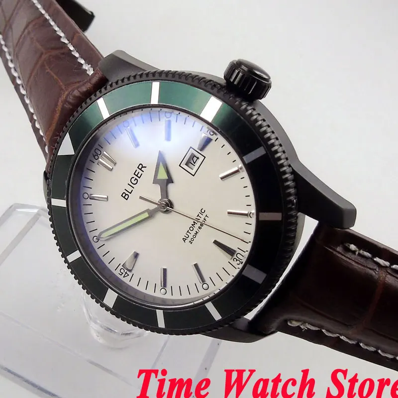

Bliger 46mm white dial green bezel luminous deployant clasp Black PVD case Automatic movement men's watch BL127
