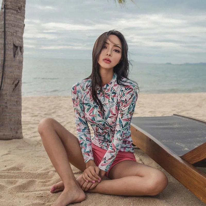 

Long Sleeve Korean Summer Bikini Set Floral Monikini Push up Swimsuit High Waist Bikini Bathing Suits Swimwear Separate Bathing