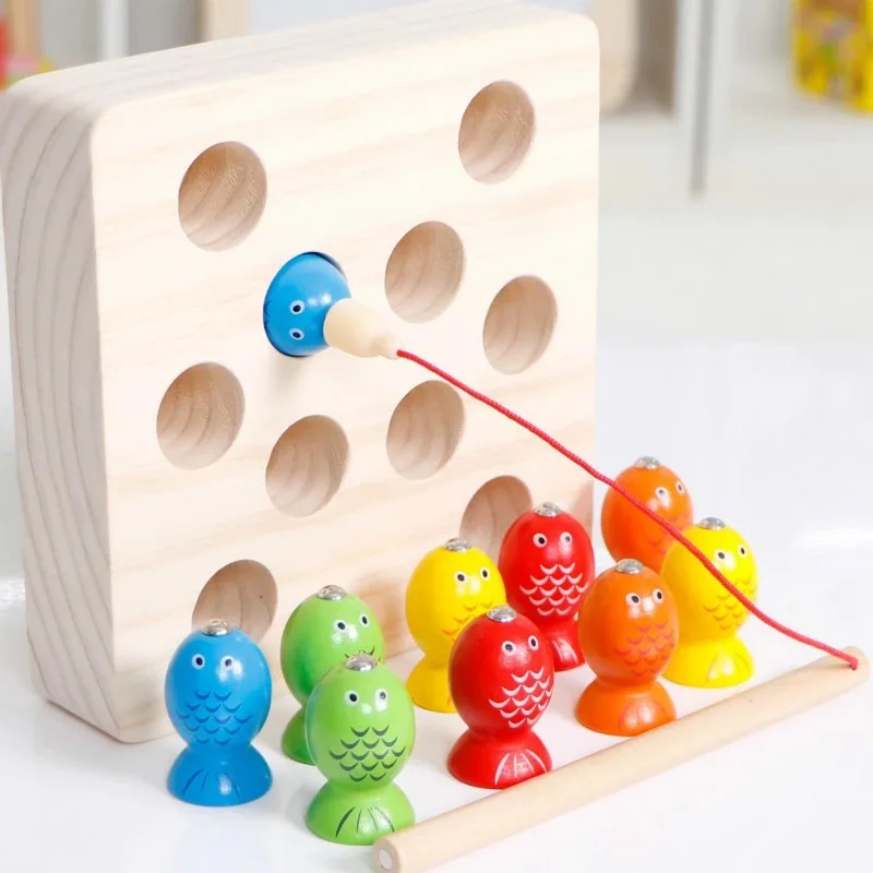 Children Montessori Magnetic Fishing Games Toy Kids Wooden Fishing Educational Toys Outdoor Funny For Boys Girl Gifts