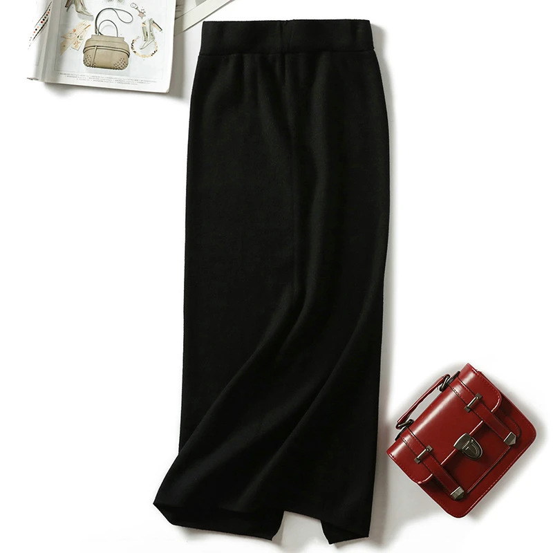 Tangada, Женские однотонные длинные юбки, вязанные, тянущиеся, высокая талия, корейский стиль, женская черная юбка-карандаш, faldas mujer moda, AQX05 - Цвет: Черный