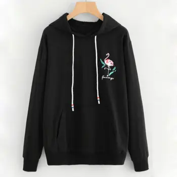 

New Stylish Women Clothing Casual Black Flamingo Printed Autumn Long Sleeve Hoodie Sweatshirt Hooded Pullover Tops Coat