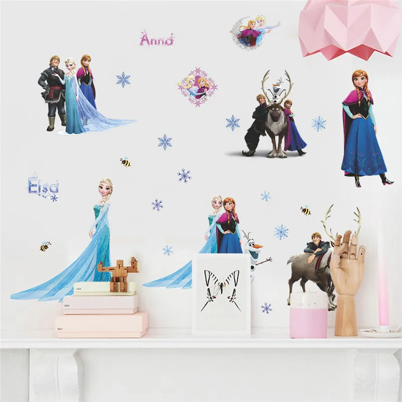Настенные наклейки для девочек с изображением принцесс Эльзы и Анны, украшения для дома, поделки из мультфильма, художественные постеры с аниме, детские наклейки