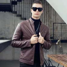 GustOmerD Осенняя Новая мужская кожаная куртка, одноцветная куртка с длинными рукавами и круглым вырезом, тонкая модная повседневная мужская куртка