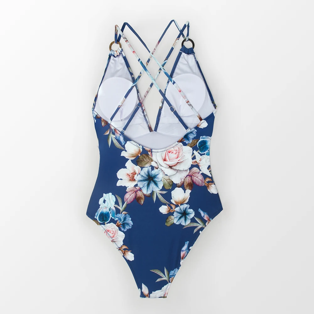 CUPSHE, синий цветочный Цельный купальник с бретельками, женский сексуальный Монокини с перекрещивающимися ремешками, купальник, пляжные купальники для девочек