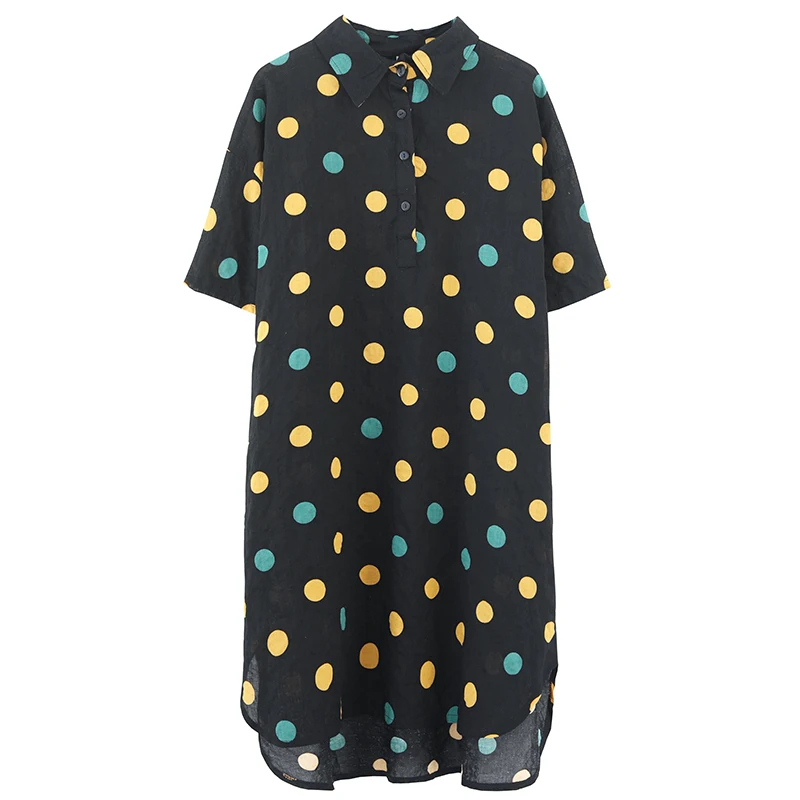 

P Ammy Women Casual Large size Asymmetrical hem Polka Dot Blouse 2019 Summer Mid-Long Turn-down Collar Long Tunic shirt
