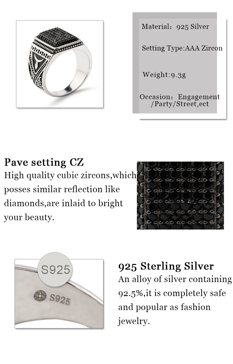 Панк 925 пробы Серебряное перстень прямоугольной формы проложить установка камень циркония чорный для мужчин ювелирные украшения