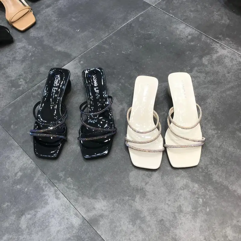 

Slippers Flat Summer Ladies Leather Chunky Heel New 2019 Toe Low Rubber With Rhinestones Water Female Heels Slides Spring