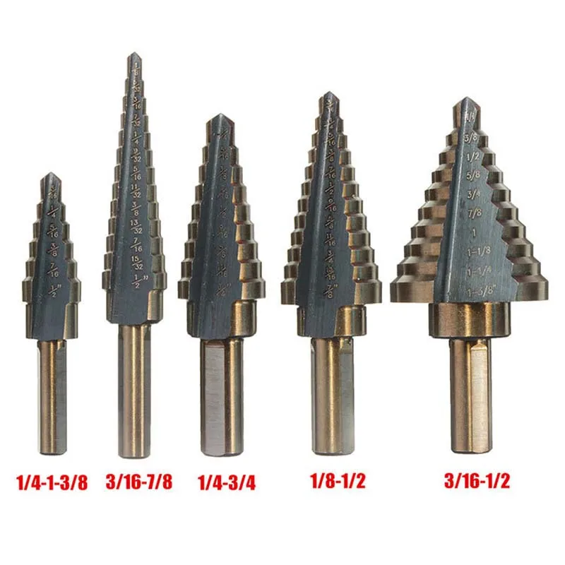 New Arrival High Quality 5pcs/Set HSS COBALT MULTIPLE HOLE 50 Sizes STEP DRILL BIT SET  Aluminum Case