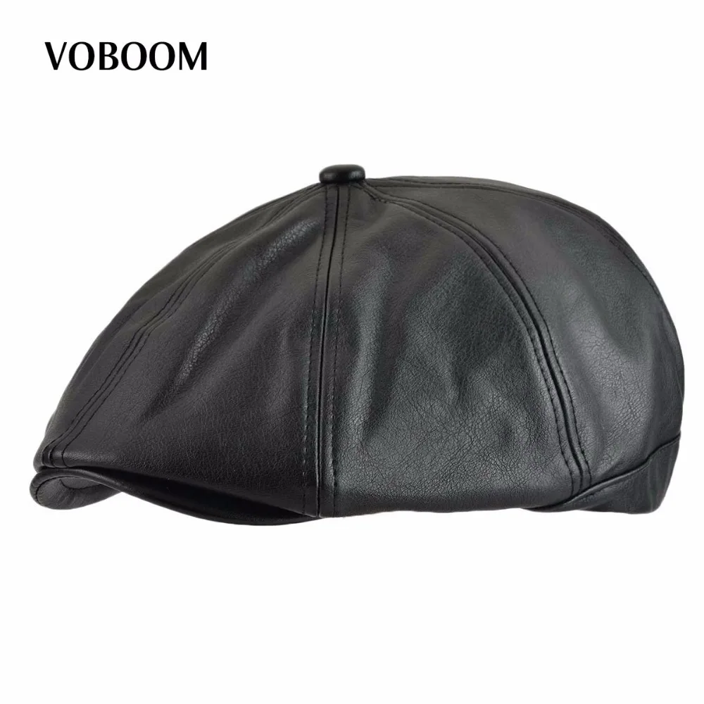 VOBOOM Autumn Winter Faux Leather Newsboy Ivy Flat Cap Men Women Eight