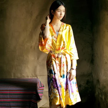 

Novelty Print Gold Chinese Women Satin Robe Nightgown Sexy Casual Kimono Yukata Bath Gown Summer One Size Long Nightwear