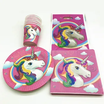 

50Pcs Unicorn Theme kids Girls Boys Birthday Paper Plates Cups Napkins Candy Gift Bag Disposable Tableware Decoration Supplies