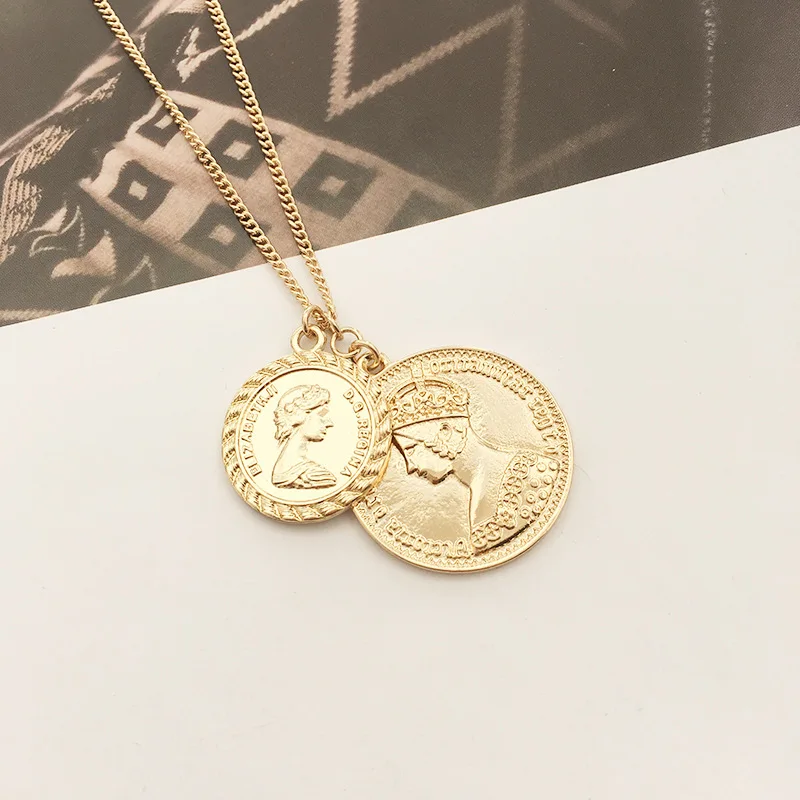 

Gold Color Carved Coin Necklace Figure Medal Long Chain Double Layered Necklace Pendant Personalized Women Choker 2018