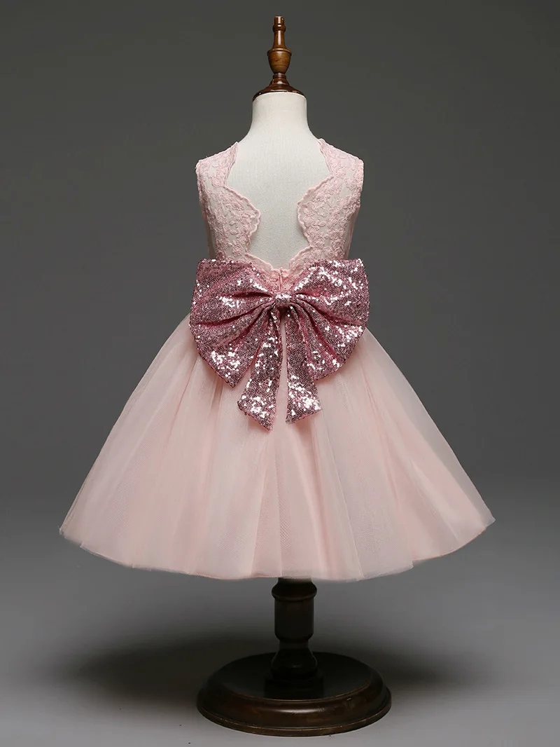 

New Girls Dress Kids Lace Embroidery Dress Sleeveless Party Tutu Dress Ball Gown with Sequin Bow Children Wedding Tulle Dresses