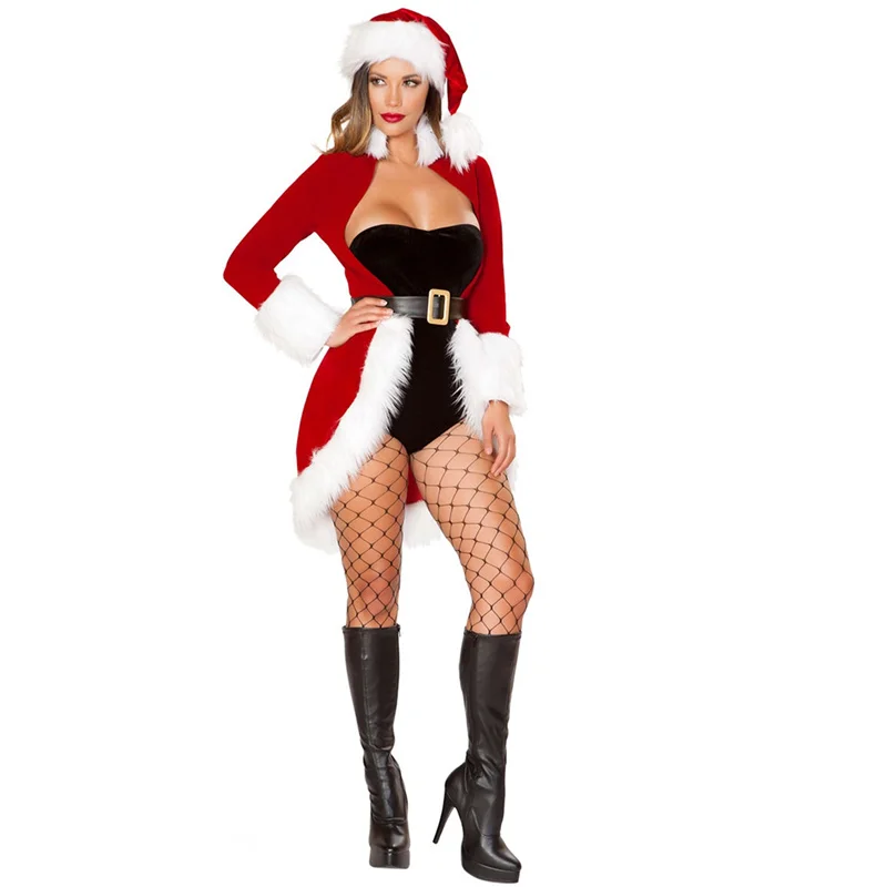 Рождественские платья, женская одежда, сексуальный Рождественский костюм Санта-Клауса, красное бархатное пальто, комбинезон, пояс, шапка, Рождественский комплект