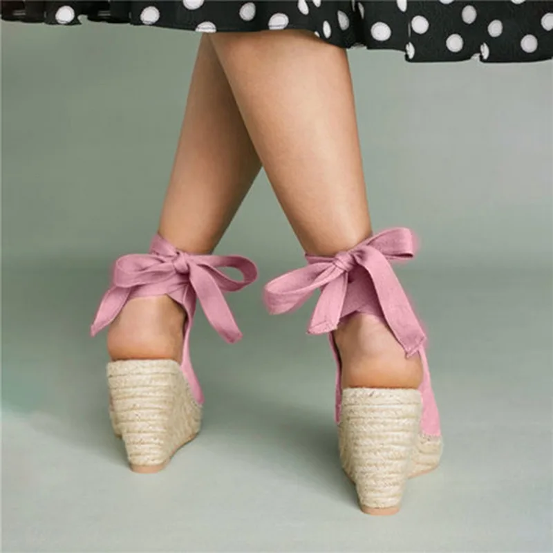 

Women Open Toe Buckle Strap Bohemia Wedge Espadrilles Women Rope Peep Toe Sandals Ladies Lace Up Platform Hemp Summer Shoes