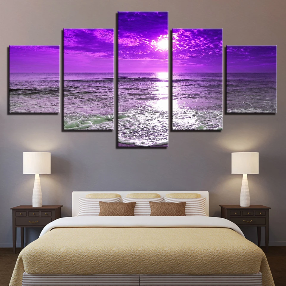 

Home Decor Canvas Pictures Wall Art Modular Framework 5 Pieces Purple Sunset Sea Waves Poster HD Prints Beach Seascape Paintings