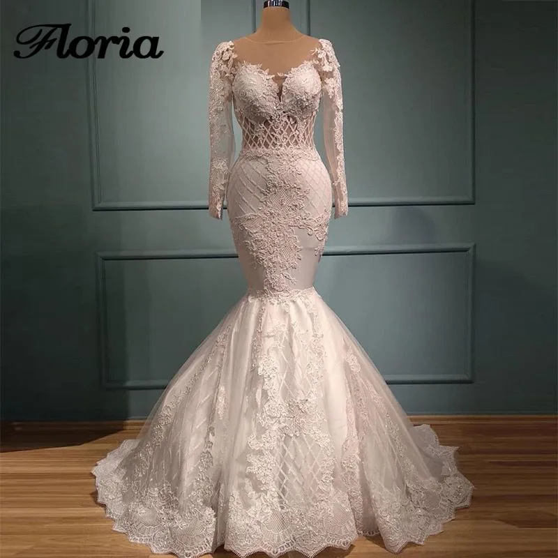 

Muslim Luxury Mermaid Long Wedding Dresses Arabic 2019 New Kaftans Muslim Lace Appliques Illusion Bridal Gowns Vestido de Noiva