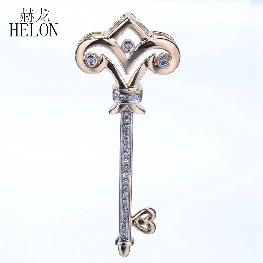 

HELON Solid 10K Yellow Gold Pave Natural Diamond Engagement Anniversary Vintage Retro 1935s Key Shape Pendant Fine Jewelry