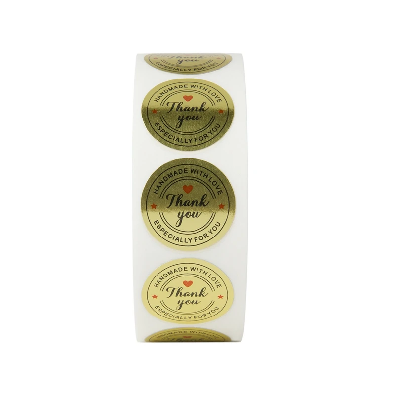 1 Inch Round Gold Foil Handmade With Love And Thank You Stickers / 500 Labels Per Roll