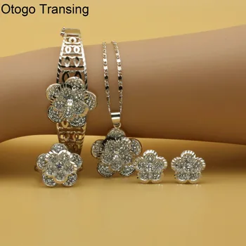 

Otogo Transing 2017 Party Silver Color Jewelry Sets Women Fashion White Crystal Ring Earrings Necklace Bracelet Flower SET210