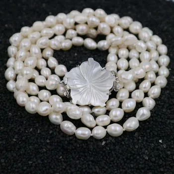 

43-45CM long 3 Natural Freshwater Pearl Necklace 9-10MM Faceted Pearl Necklace women Round Beads Wedding jewelry