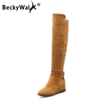 BeckyWalk/зимняя замшевая обувь женские сапоги до колена высокие сапоги на скрытой танкетке женские модные мотоциклетные сапоги размера плюс 35-45 WSH3033