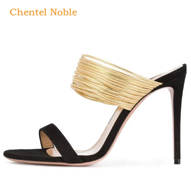 Shiny Metallic Gold Cuff Sandals Women New Soft Suede Brand Designer Mules Sandals For Women's 