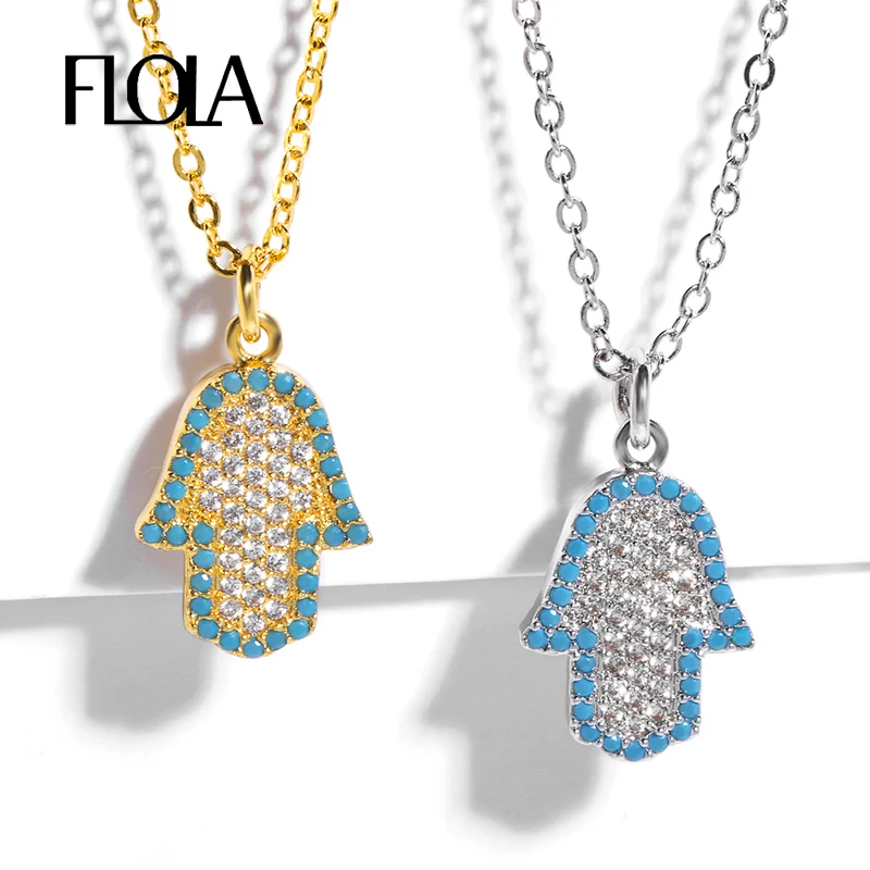 

FLOLA Gold Filled Hamsa Pendant Necklace for Woman CZ Paved Fatima Hand Necklace Link Chain Charms Turkish Hamsa Jewelry nkep36