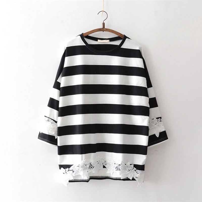 

Plus size Women clothes Loose Stripe Lace Patchwork T shirts Long sleeve Bottoming Tees Spring Autumn Casual Ladies Tops