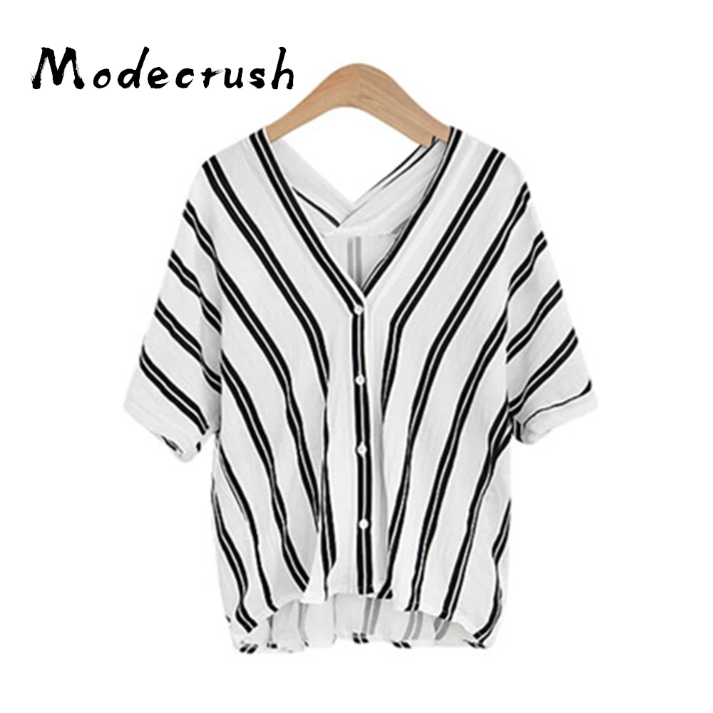 

Modecrush Women Stripe Print Blouse V Neck Loose Casual Cotton and Linen Shirt Tunic Womens Tops and Blouses for Female Blusas