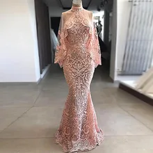 Изумительное кружевное вечернее платье с вышивкой и камнями, с высоким воротом, с накидкой, прозрачная иллюзия, Русалка, свадебные платья для выпускного вечера, vestido de festa