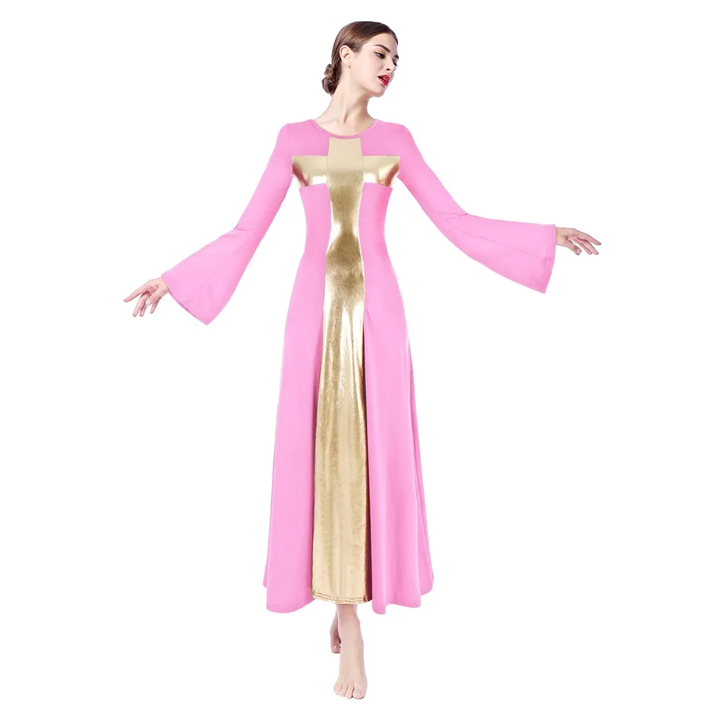 

2019 Elegant Bell Sleeve Dance Lyrical Dress Women Pleated Swing Long Praise Dress Liturgical Tango Waltz Ballroom Dance Dress