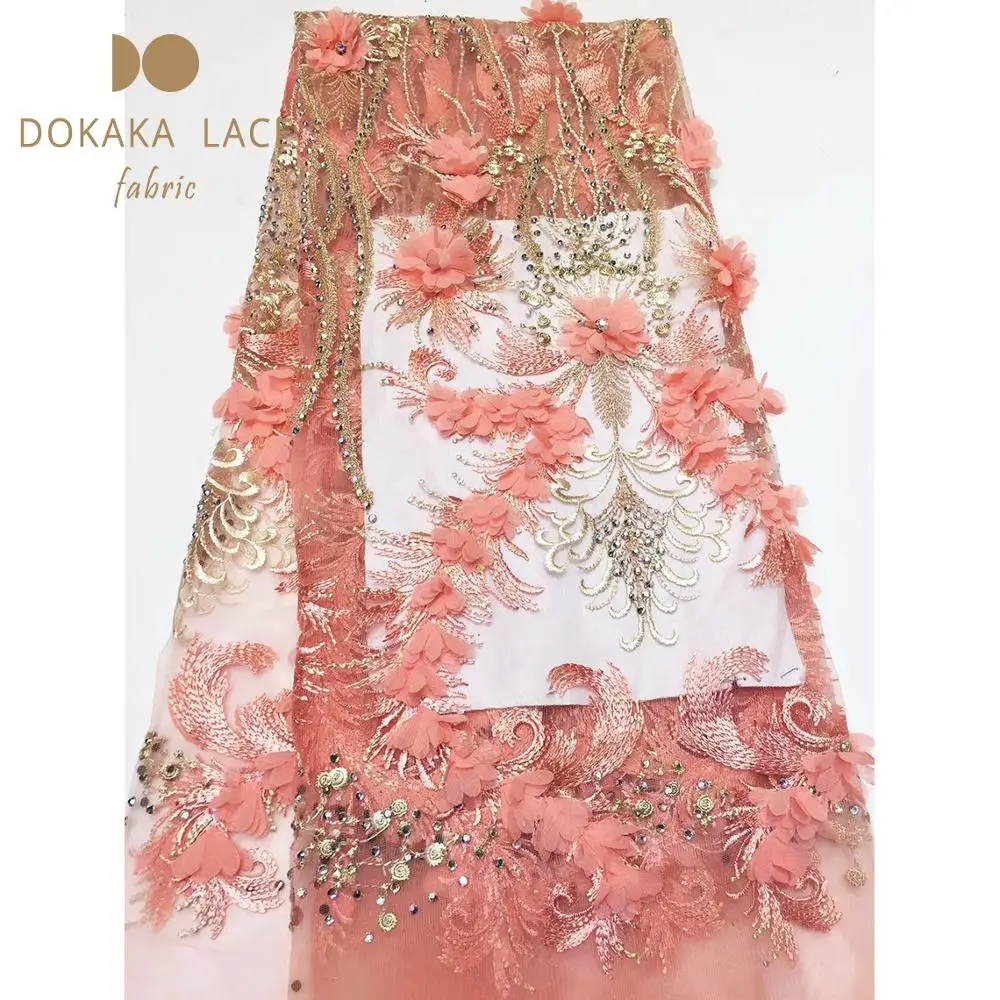 Beautiful 3D Flower Applique Laces With Stones Nigerian Peach Bridal Wedding Mesh Material Rhinestones Embroidered Net Sewing | Дом и сад