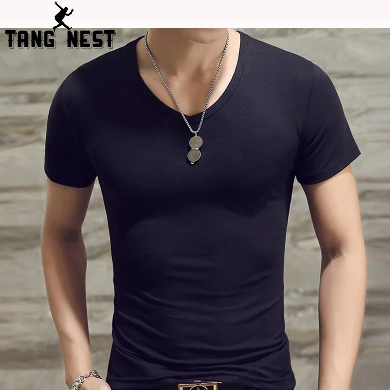 

TANGNEST Solid Color Short sleeve Men T-shirt 2019 Casual Summer T-shirt Wild Comfortable Slim O-Neck V-NeckT shirt Men MTS3025